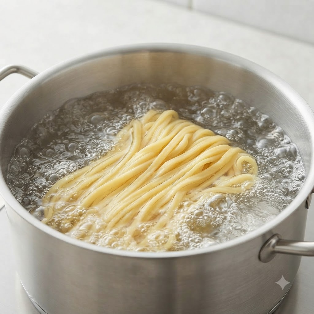 Noodles freschi che bollono in una pentola di acqua calda sul fuoco.