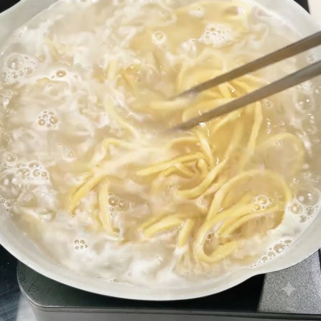 Ricca salsa di carne posta sopra i noodles cotti in una ciotola da portata usando le bacchette.