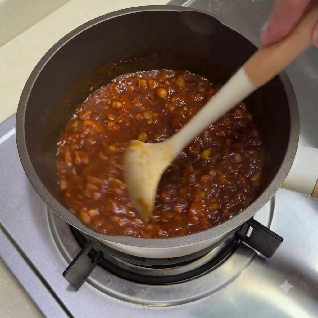 Primo piano di un denso ragù di carne e pomodoro che sobbolle in una pentola sul fuoco, mescolato con una spatola bianca.