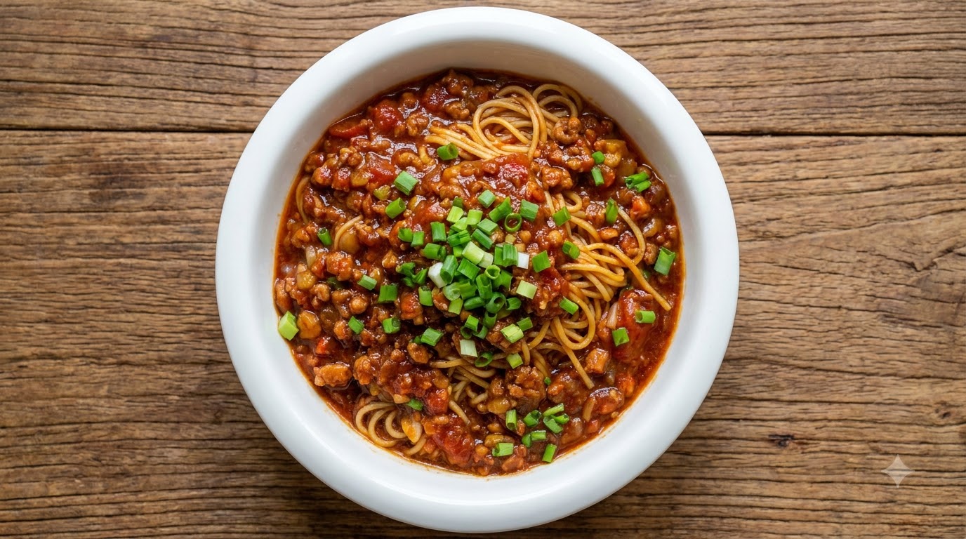 Noodles con Ragù di Carne, Pomodoro e Patate