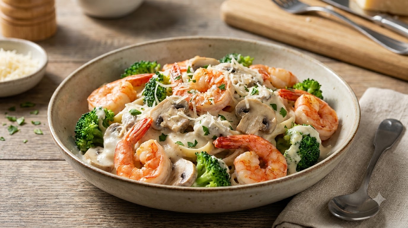 Pasta ai Funghi e Gamberi Cremosa