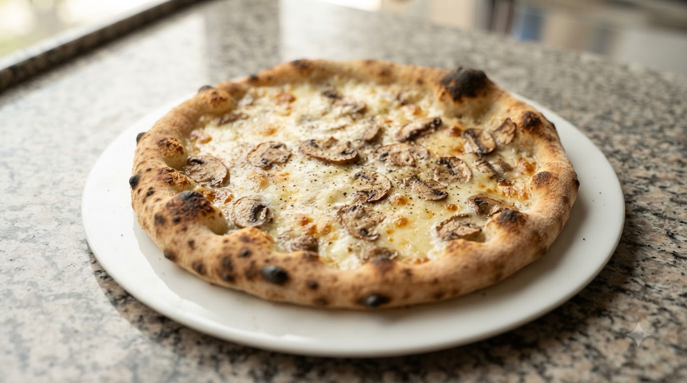 Pizza con Formaggio Comté e Funghi con Impasto alle Trebbie di Birra