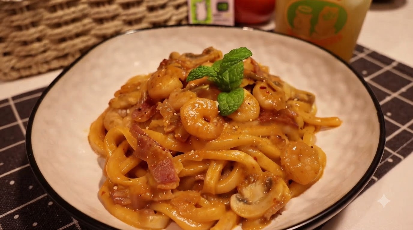 Udon Saltati Cremosi, Speziati con Gamberi e Pancetta