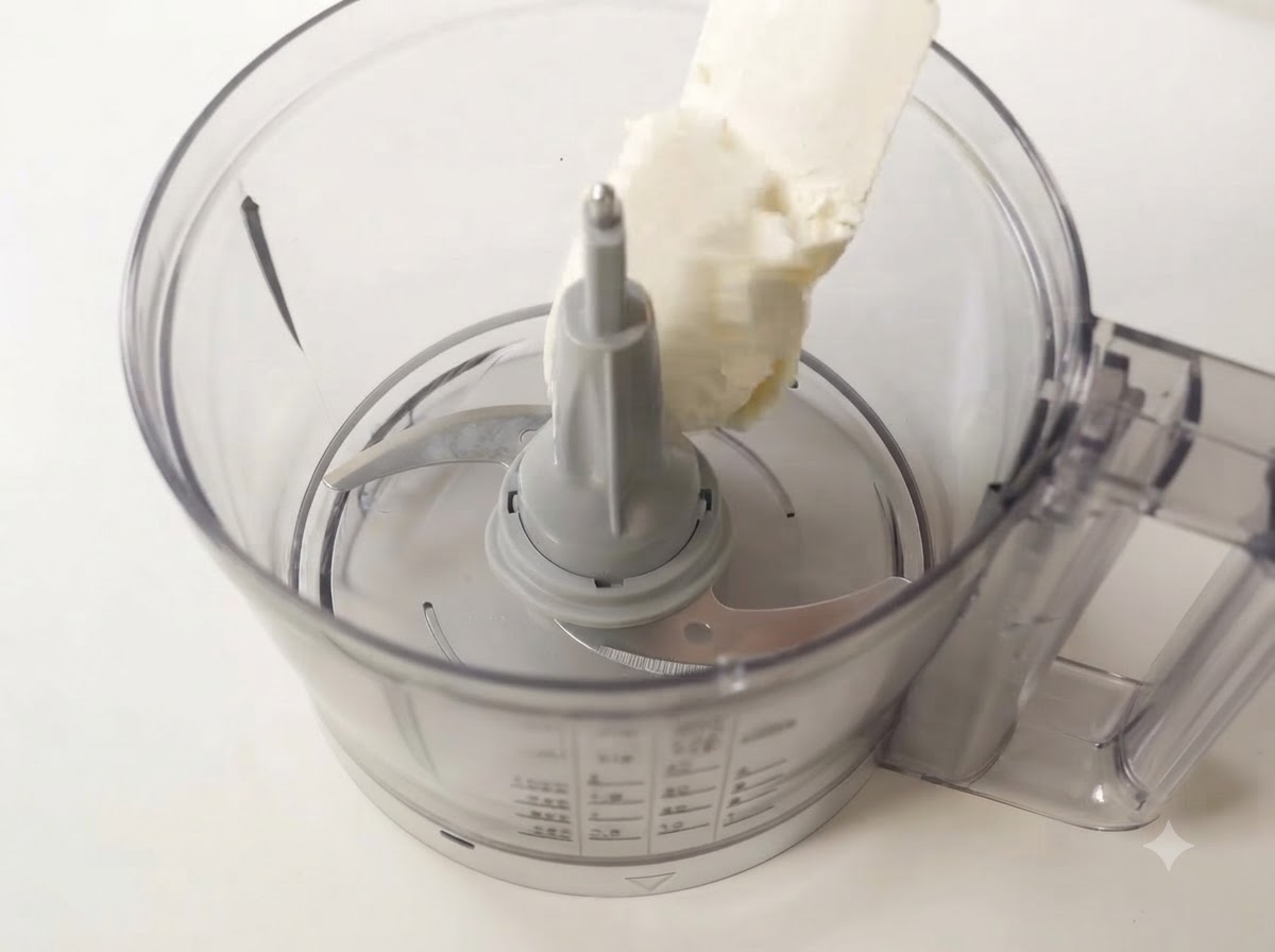 Una spatola che fa cadere una cucchiaiata di ricotta fresca nel cestello trasparente di un robot da cucina.