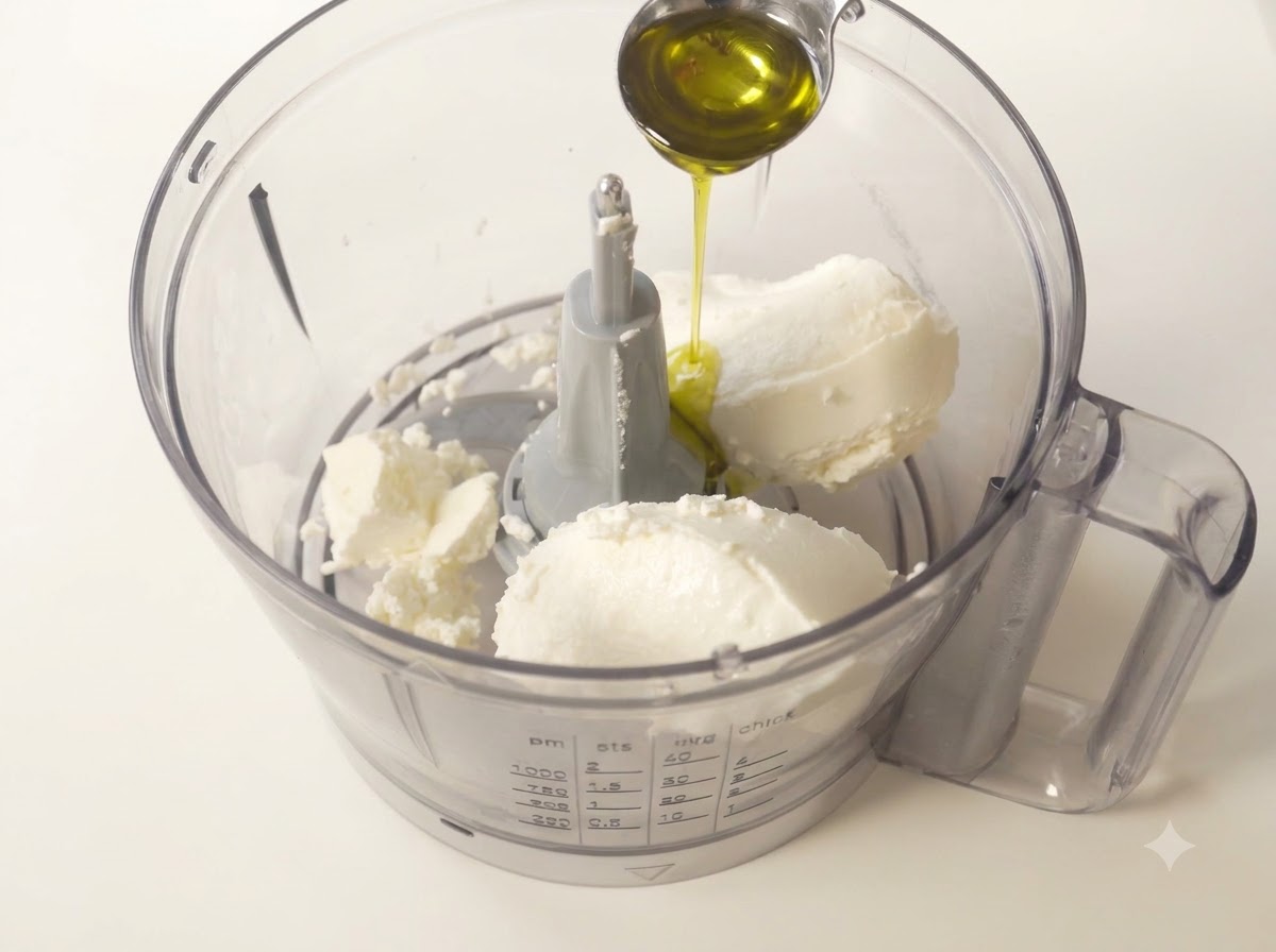 Olio doliva versato da un cucchiaio dosatore in un robot da cucina pieno di ricotta.