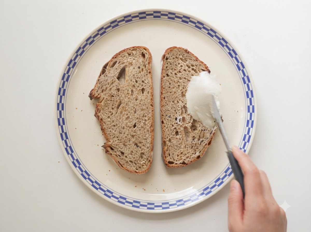 Un coltello che spalma in modo uniforme la ricotta bianca montata su due fette di pane a lievitazione naturale tostato su un piatto decorato.