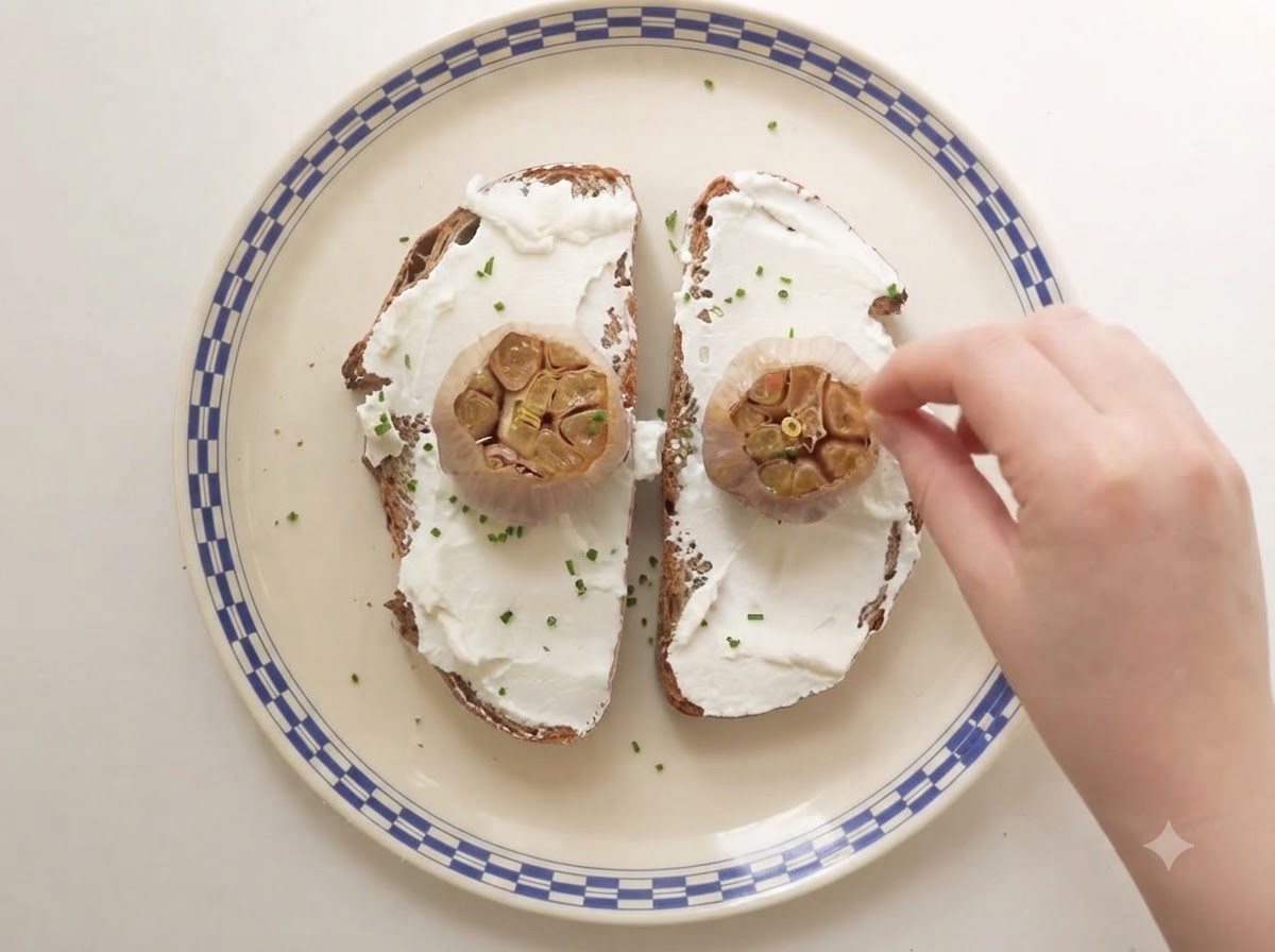 Erba cipollina fresca tritata spolverata a mano su del pane a lievitazione naturale ricoperto di ricotta e aglio.