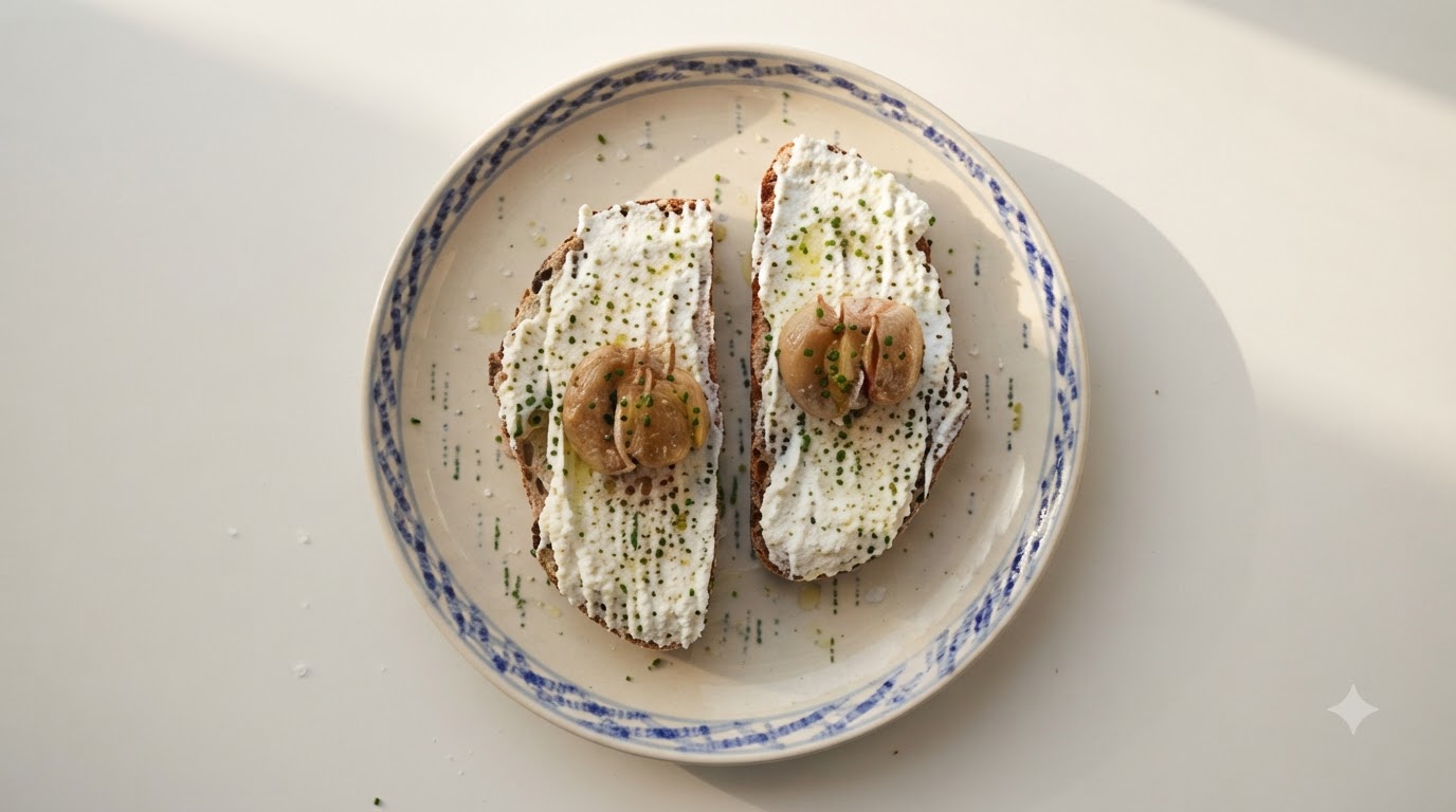 Confit di Aglio con Ricotta Montata su Pane a Lievitazione Naturale
