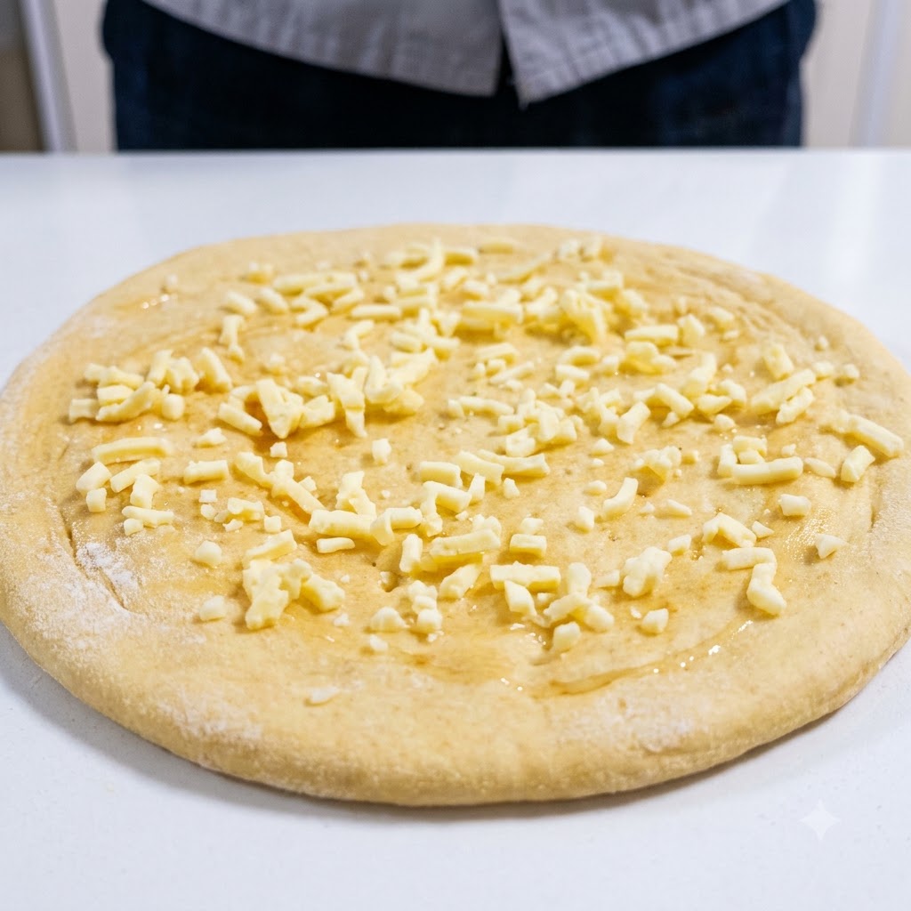 Frutta secca mista e noci cosparse uniformemente sulla base della pizza coperta di formaggio.