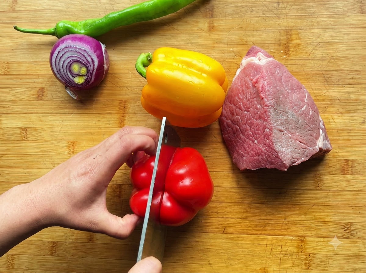 Una mano che usa una mannaia per affettare un peperone rosso su un tagliere di legno accanto ad altre verdure colorate.