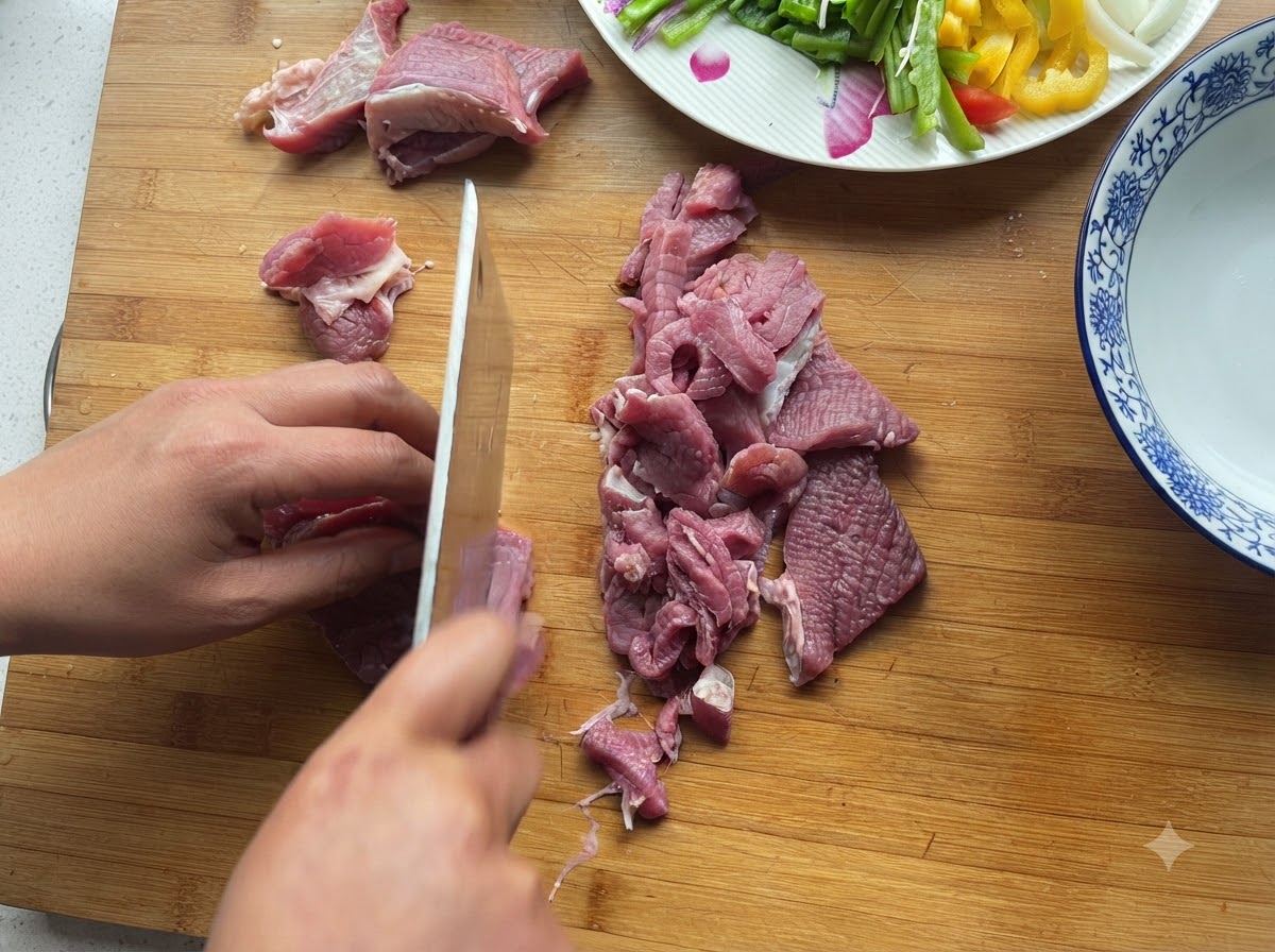 Carne di manzo fresca tagliata in pezzi più piccoli su un tagliere di legno con un piatto di verdure affettate sullo sfondo.