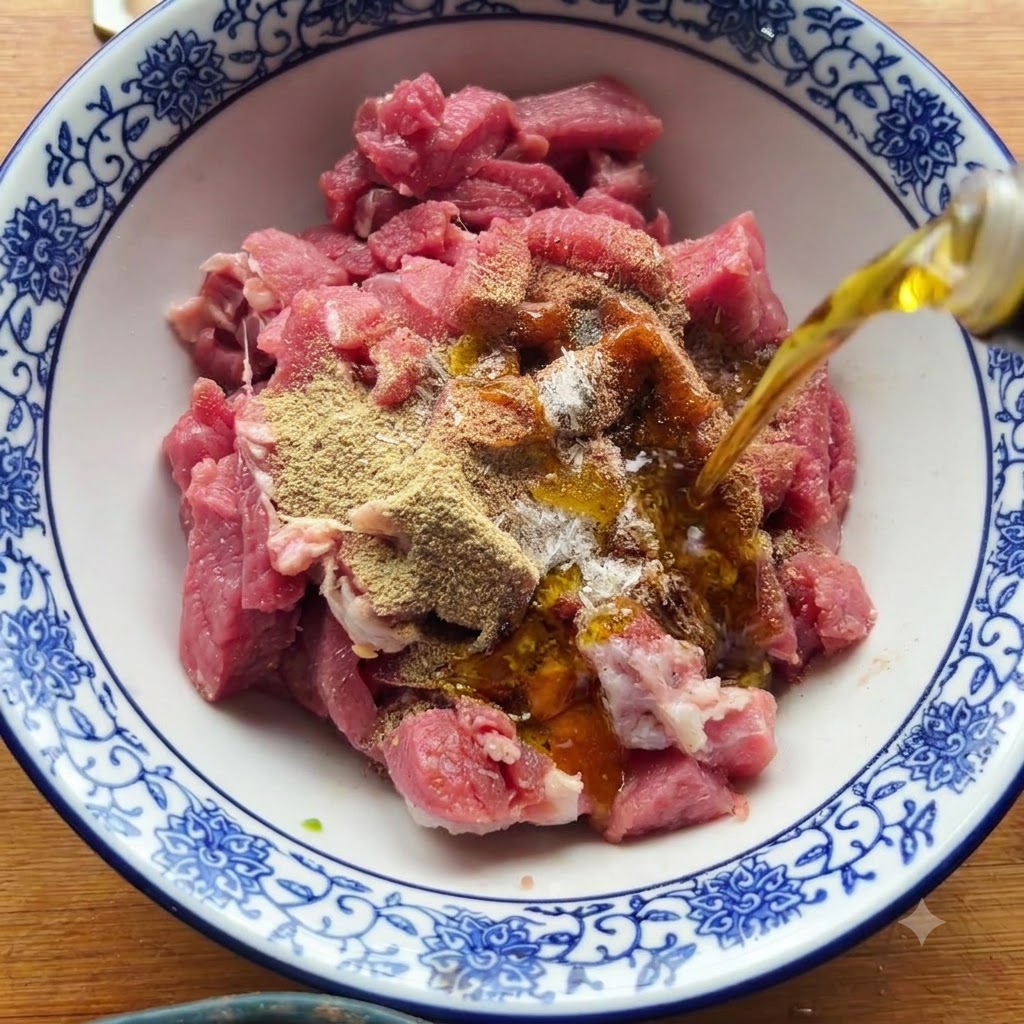 Olio versato da una bottiglia su pezzi di manzo crudo speziato in una ciotola.