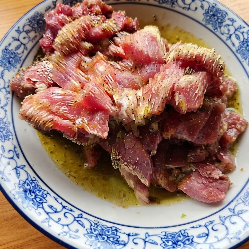 Pezzi di manzo crudo conditi che luccicano con olio e spezie in una ciotola di ceramica decorata.