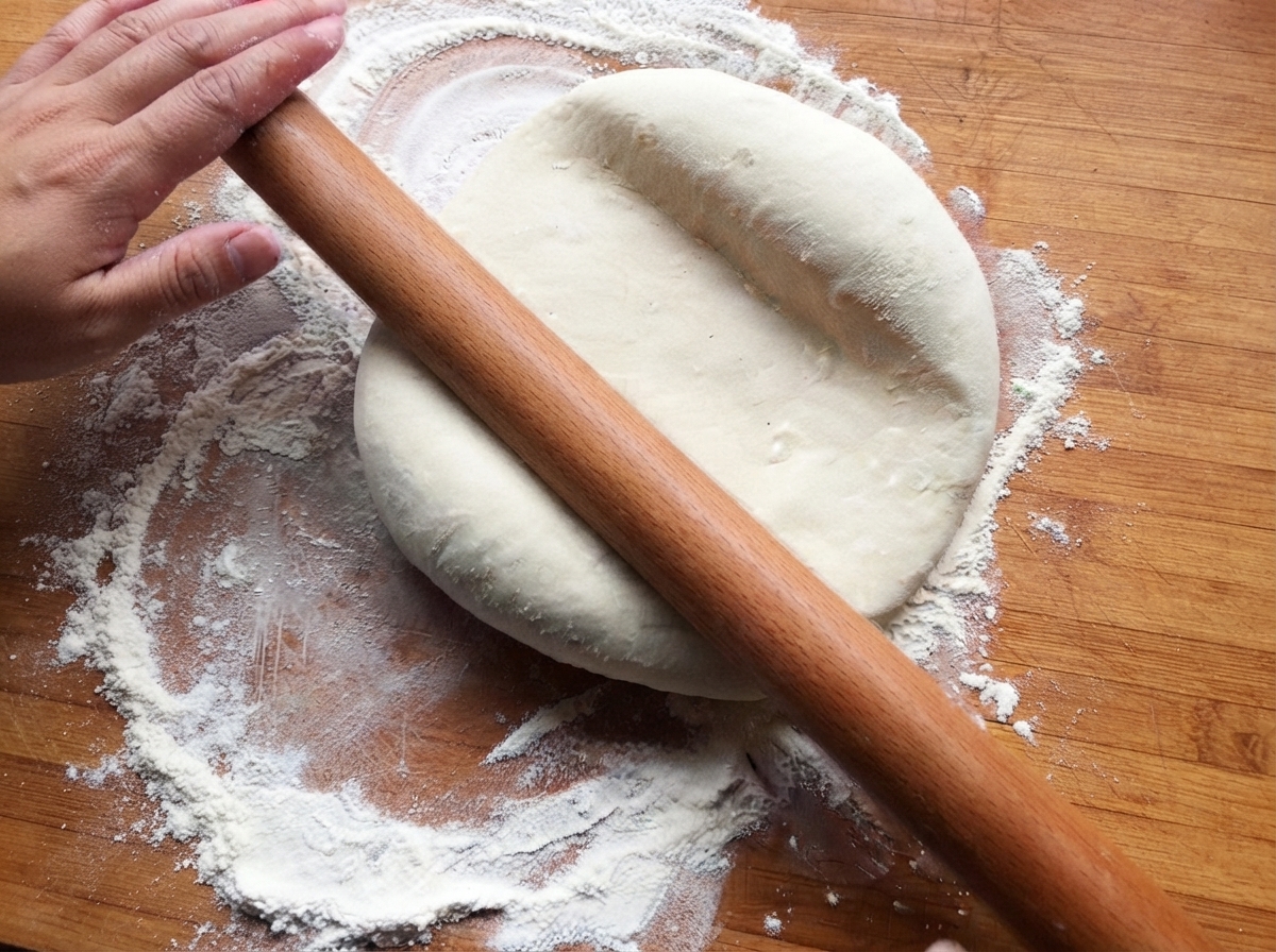 Una mano che stende una palla di impasto su un tagliere di legno infarinato con un matterello.