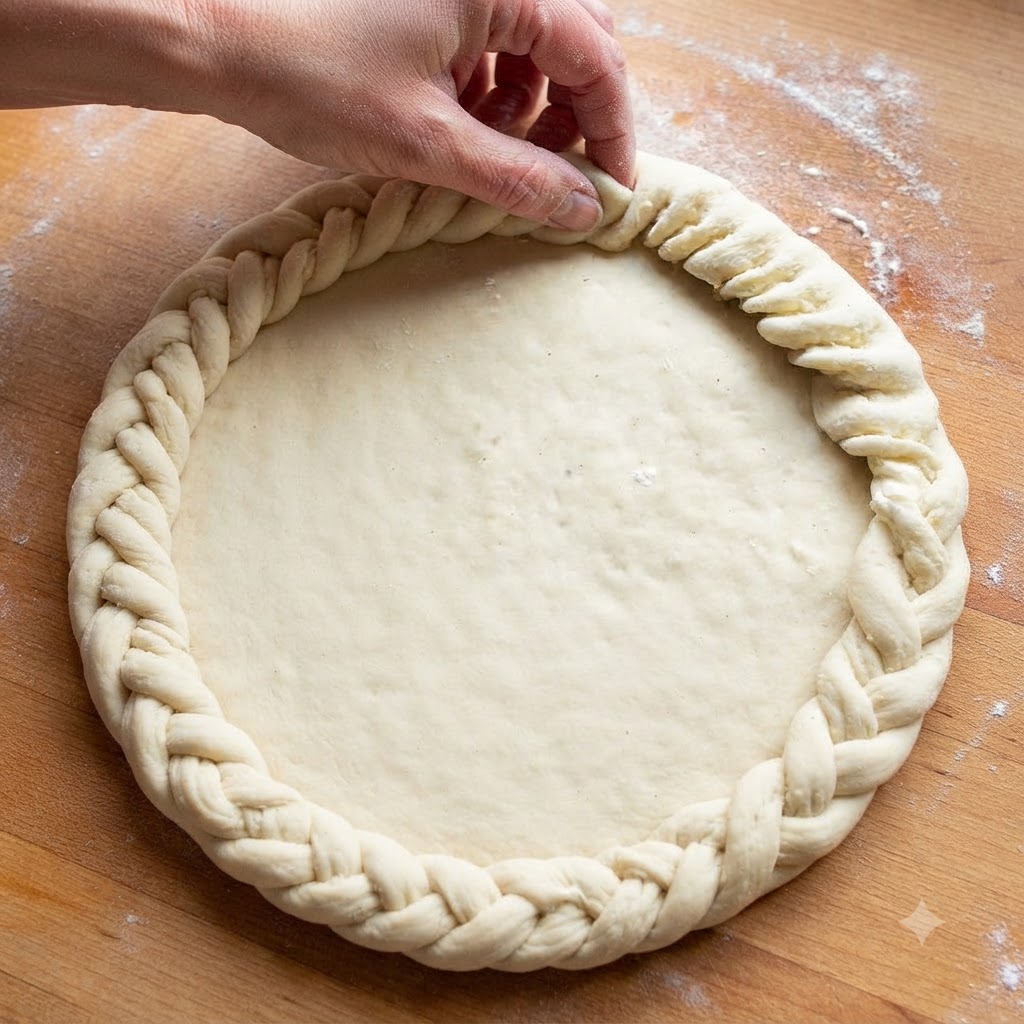 I bordi della crosta di pasta sfoglia stesa ripiegati e attorcigliati decorativamente per creare un bordo decorato.