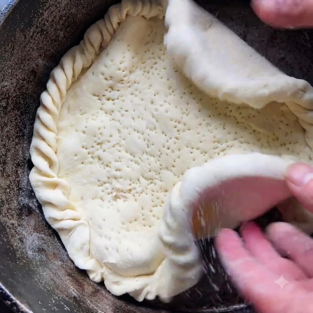 Mani che posizionano delicatamente una grande crosta di pasta con bordi ripiegati in una pentola da cucina scura.