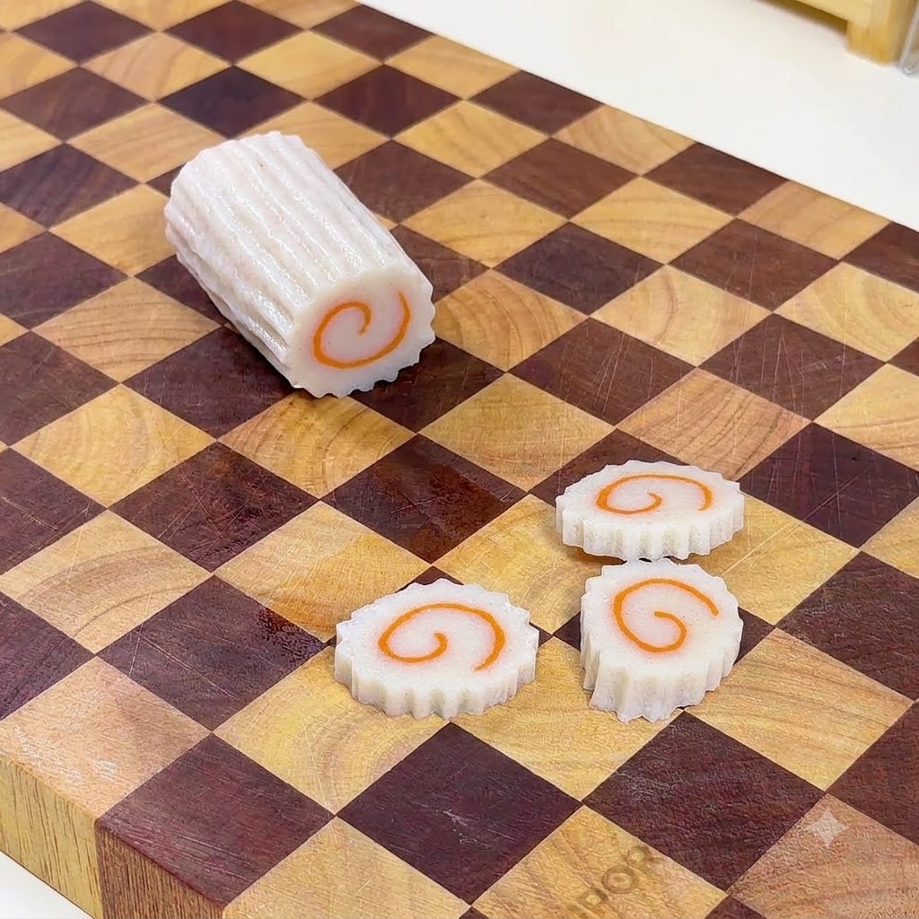 Una mannaia che affetta un rotolo di tortino di pesce narutomaki bianco e rosa su un tagliere di legno a scacchi in porzioni singole.