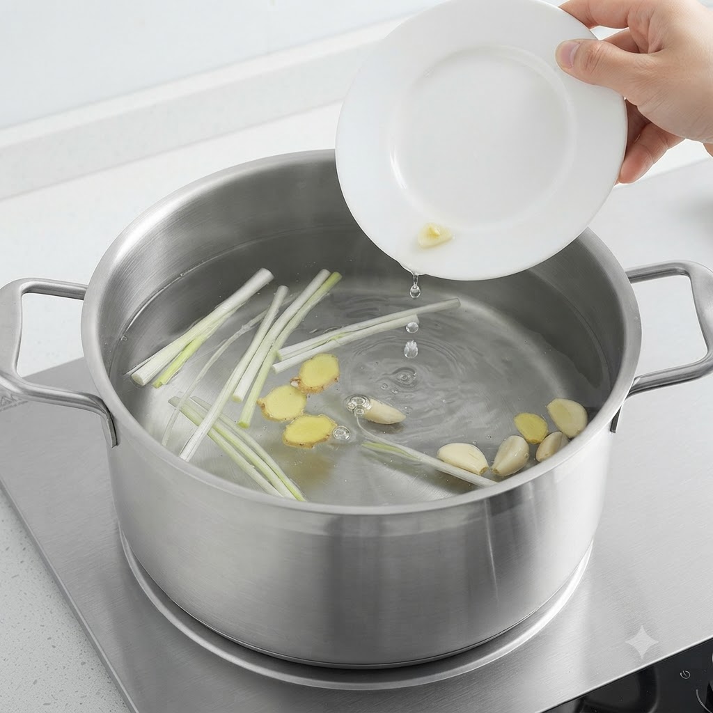 Cipollotti, fette di zenzero e aglio sbucciato versati da un piattino bianco in una pentola dacqua.