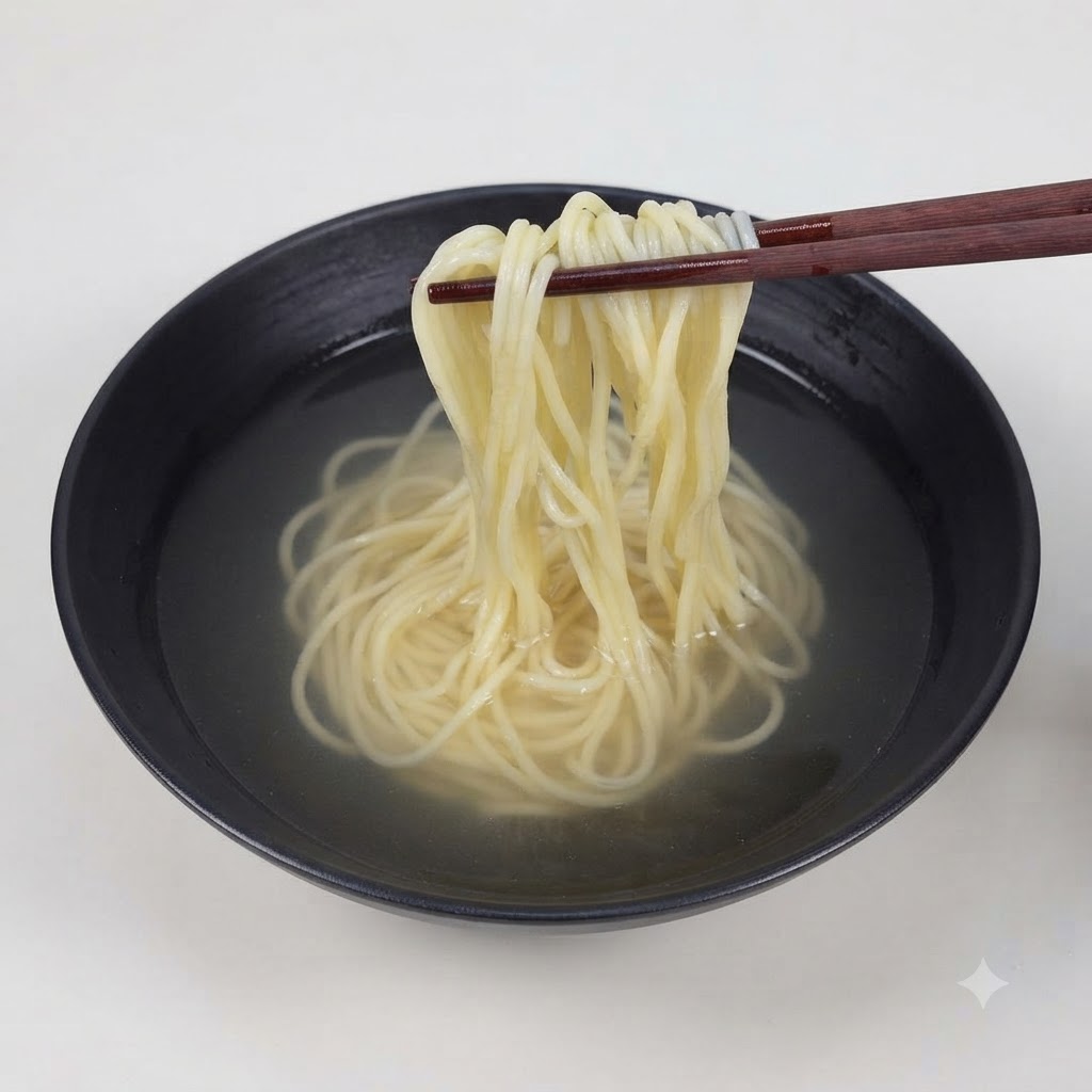 Un ciuffo di noodles per ramen cotti sollevato con bacchette di legno scuro e immerso nella ciotola del brodo.