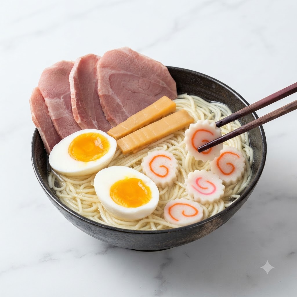 Cipollotti tritati, alga nori e uova tagliate a metà con tuorlo morbido vengono disposti come guarnizione sopra una ciotola di ramen.