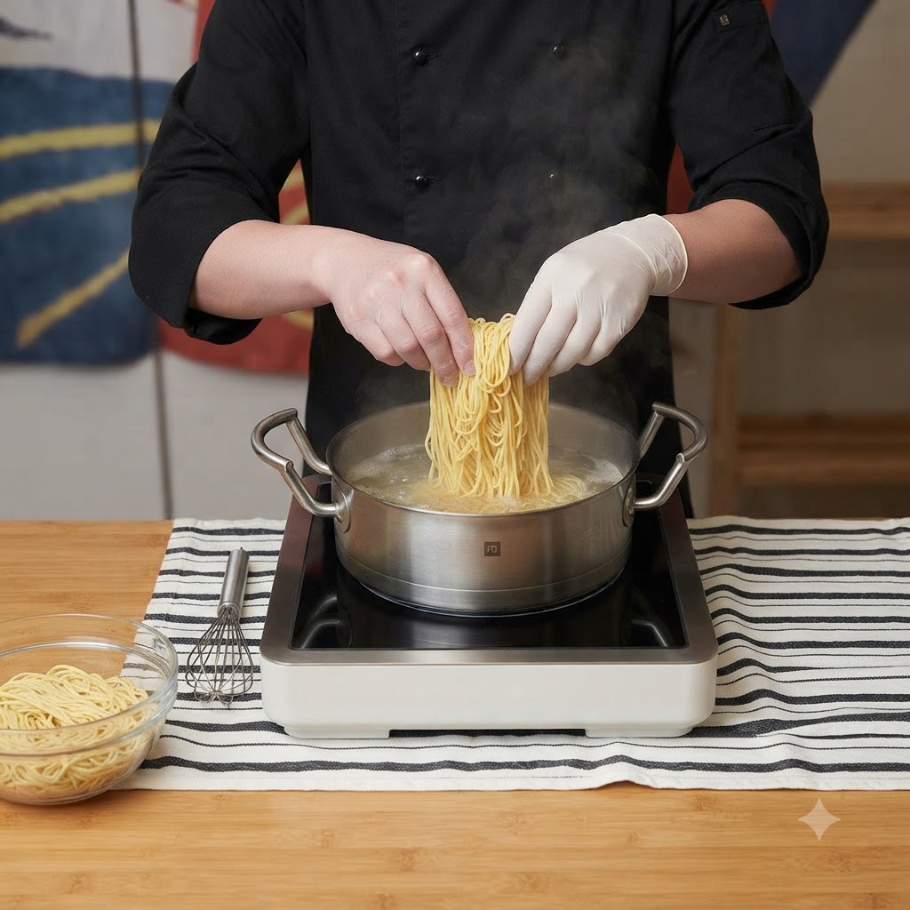 Uno chef con i guanti che immerge noodles ramen freschi in una pentola di acqua bollente.