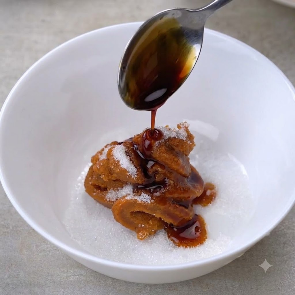 Salsa di soia che cola da un cucchiaio in una ciotola con pasta di miso e zucchero.