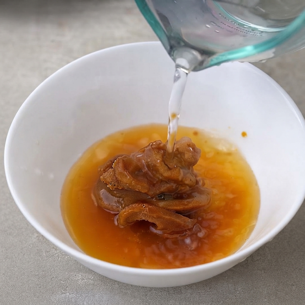 Acqua che viene versata nella ciotola con pasta di miso, zucchero e salsa di soia.