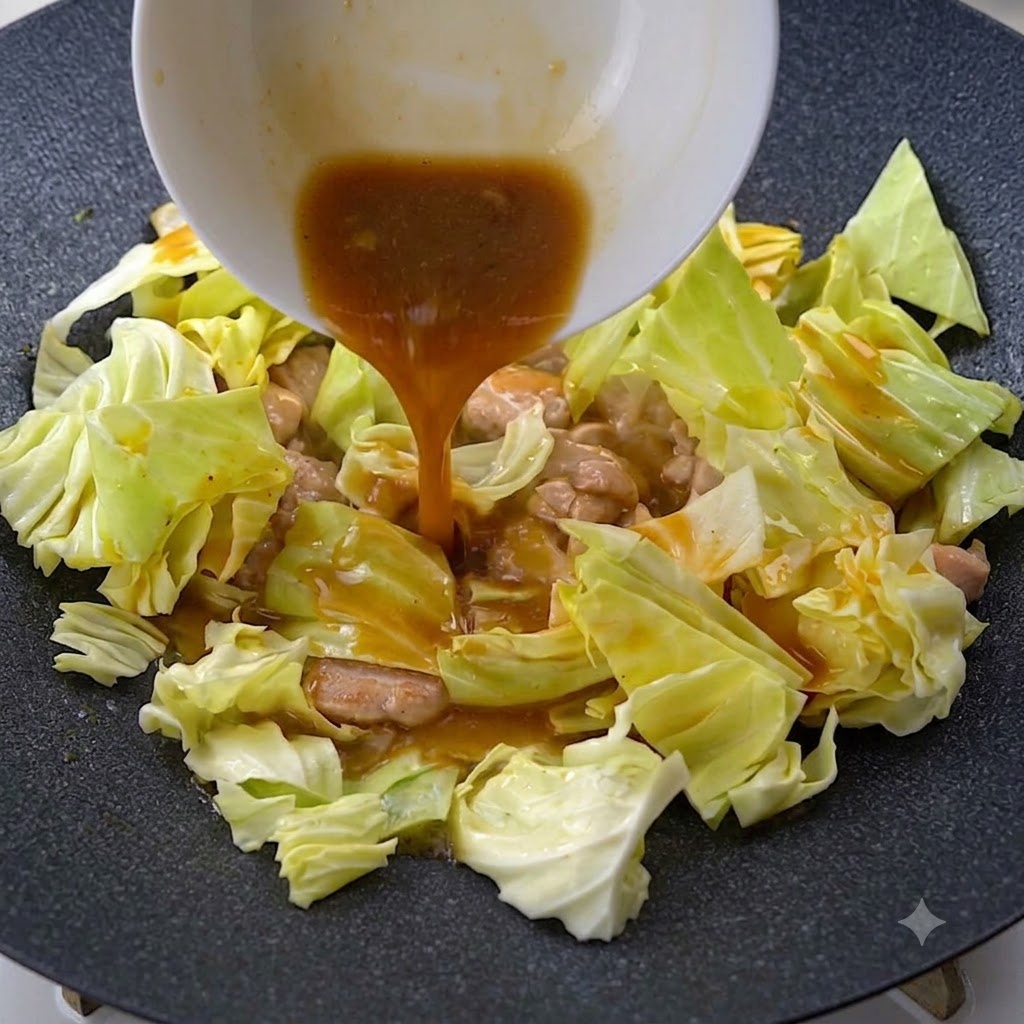 Liquido della zuppa di miso versato da una ciotola bianca sopra il pollo e il cavolo.