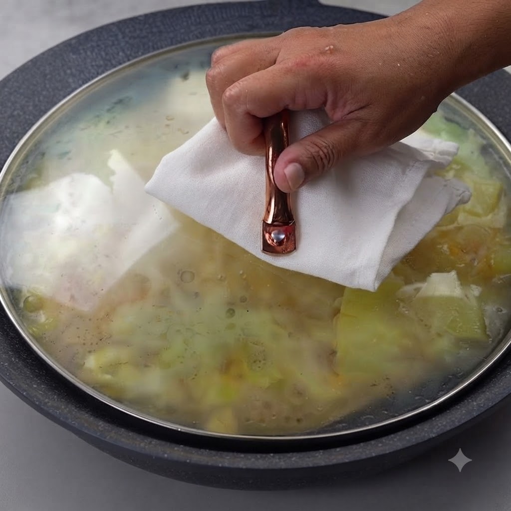 Una mano che usa un panno bianco per posizionare un coperchio di vetro su un wok pieno di cibo.