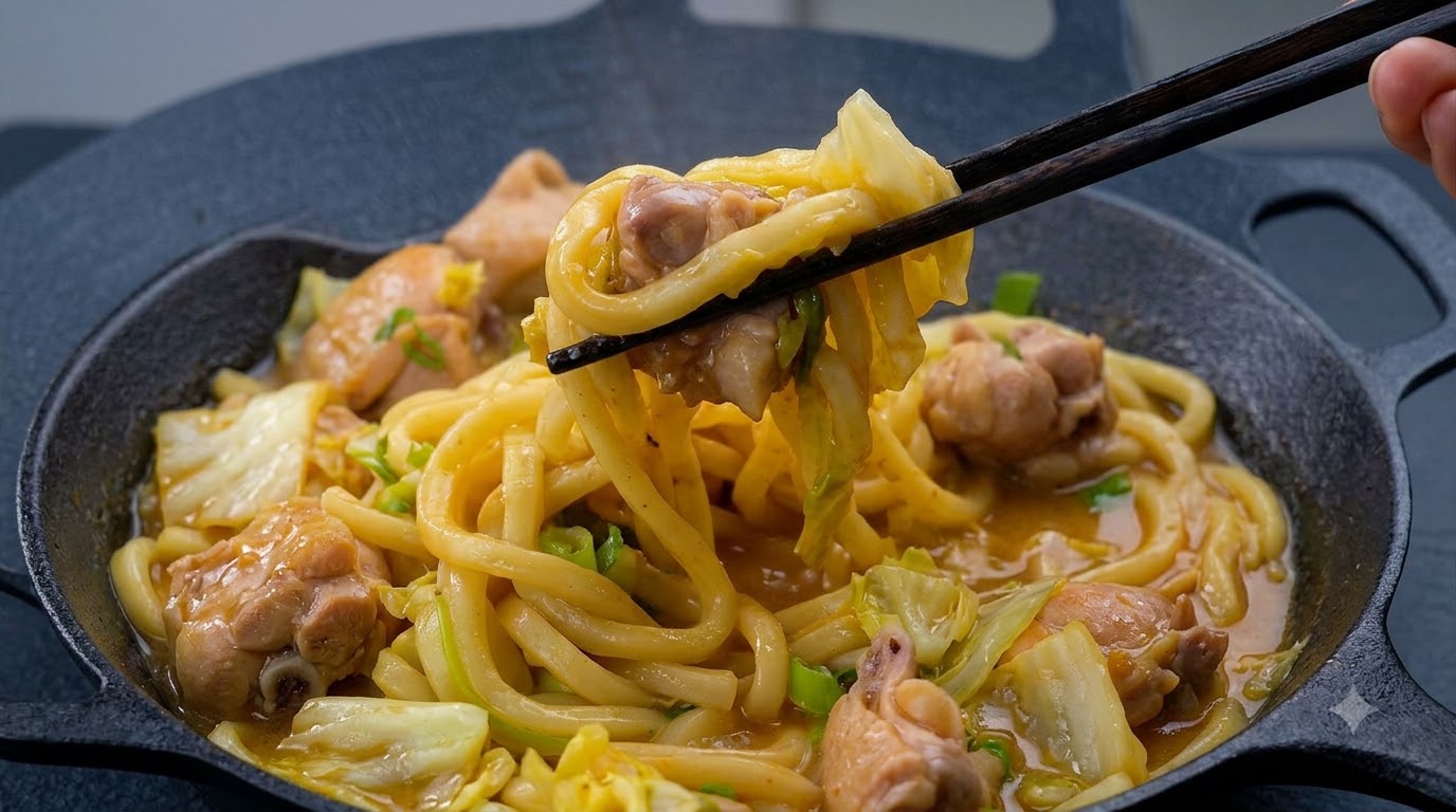 Una padella scura che contiene noodles udon con pollo e miso fumanti sollevati con le bacche, guarniti con cavolo verde fresco e cipollotti.