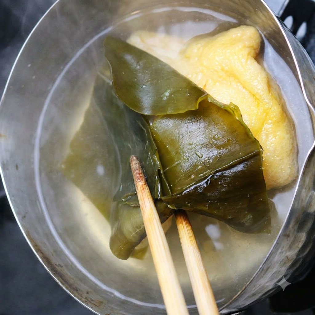 Bacchette che sollevano alghe scure bagnate sopra una pentola di brodo chiaro.
