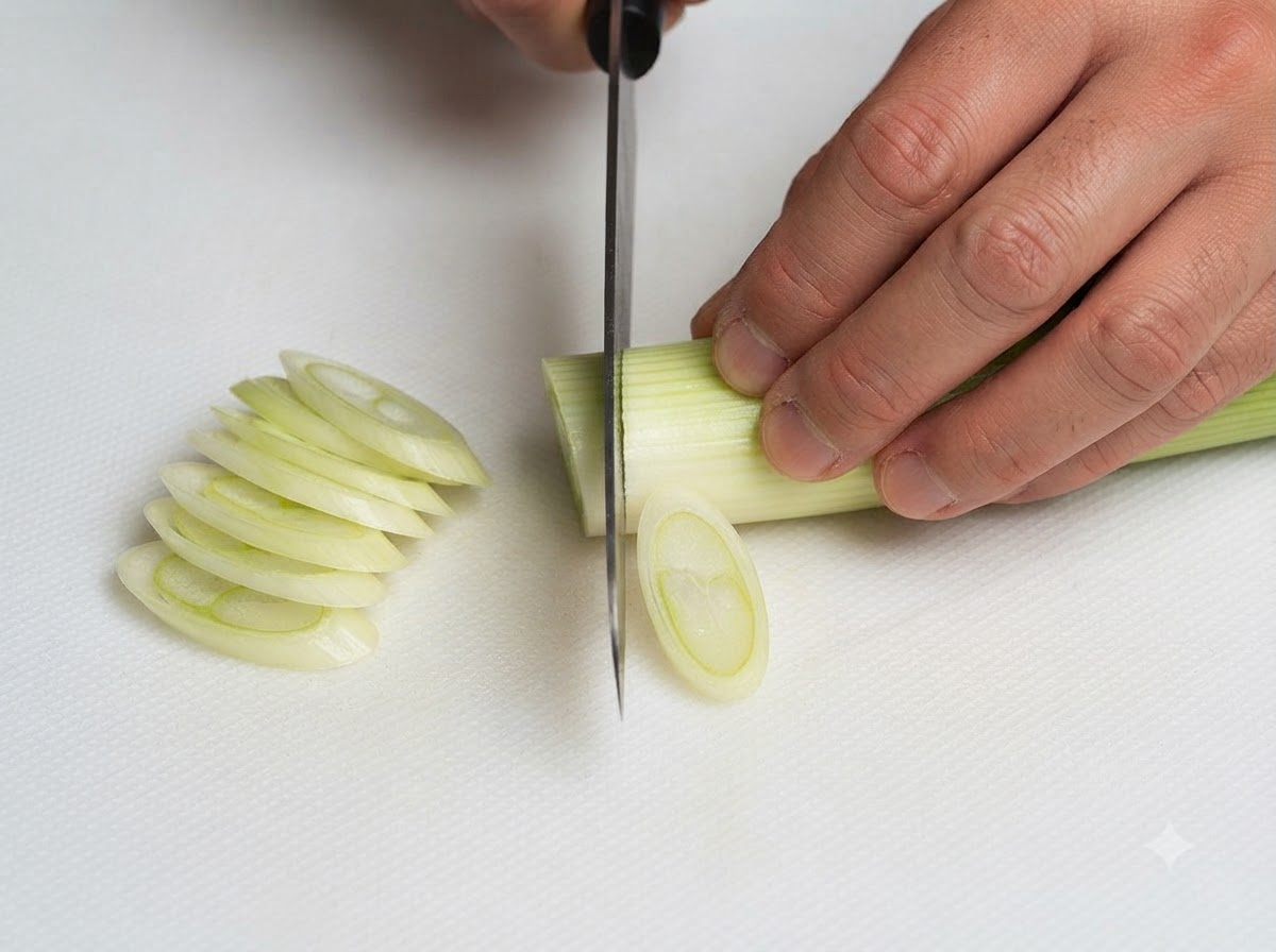 Un coltello da cucina che affetta un cipollotto su un tagliere bianco vicino a una pila di rondelle affettate.