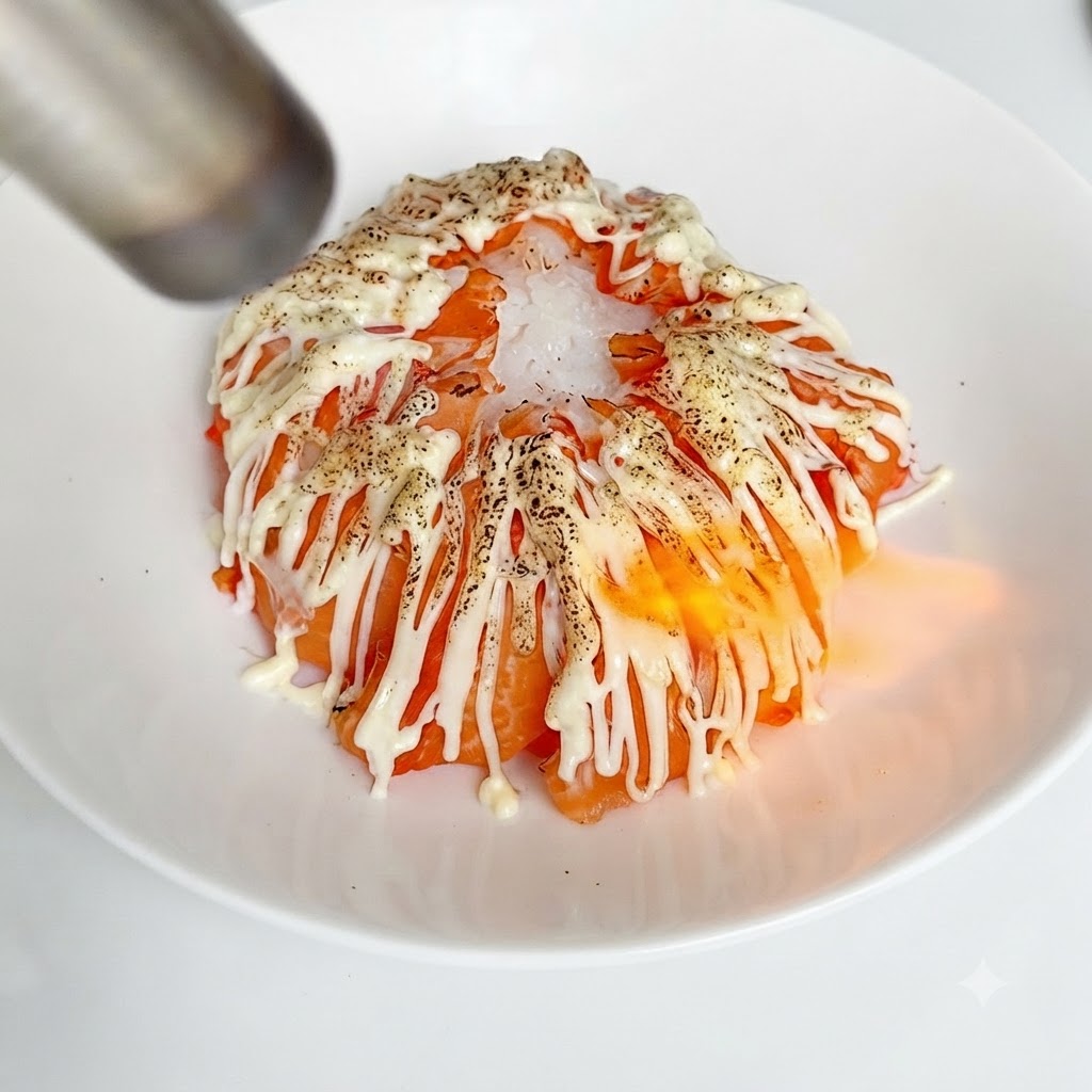 La fiamma di un cannello da cucina dora la parte superiore dei bastoncini di surimi ricoperti di salsa in una ciotola bianca.