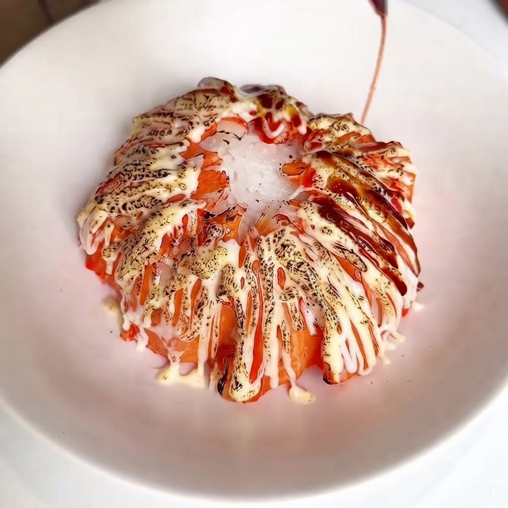 La scura salsa unagi viene versata in linee sottili sui bastoncini di surimi flambè.