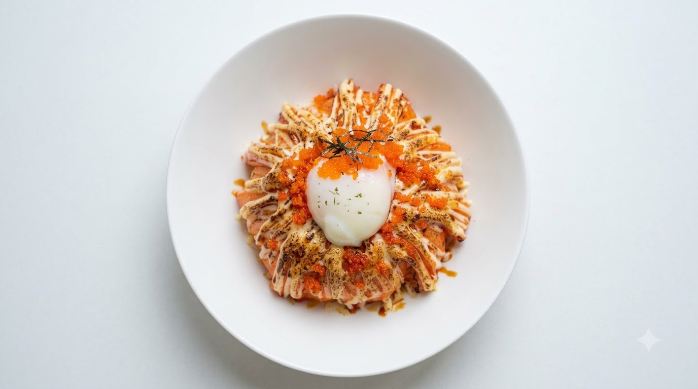 Una ciotola di riso con surimi scottato guarnita con un uovo onsen, uova di pesce arancioni e un filo di maionese e salsa unagi.