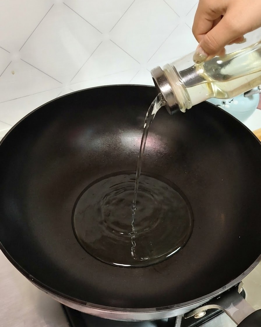 Olio da cucina trasparente versato da una bottiglia di vetro in un wok nero preriscaldato.